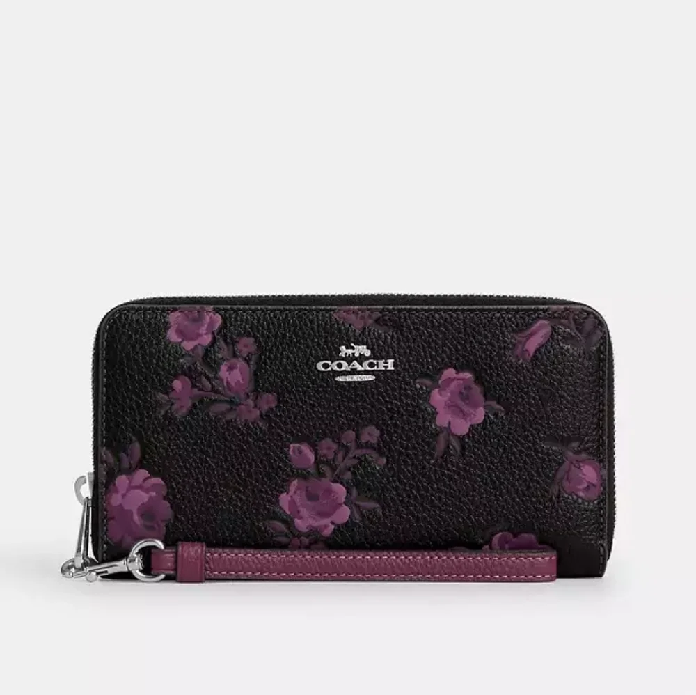 Coach Long Zip Around Wallet With Floral Print, black and purple - Picture 2 of 10